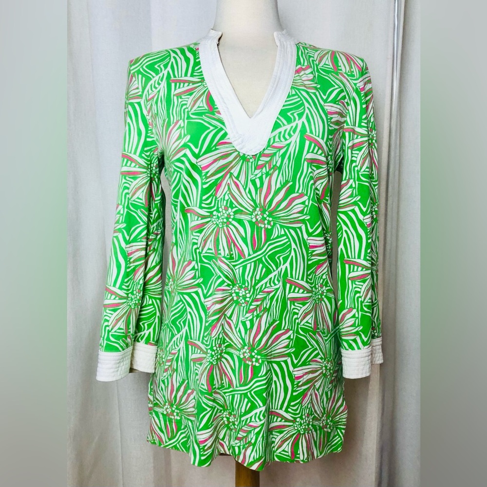 Lilly Pulitzer Renato Tunic Top Cover Up XS Long Sleeve V-Neck Border Tropical